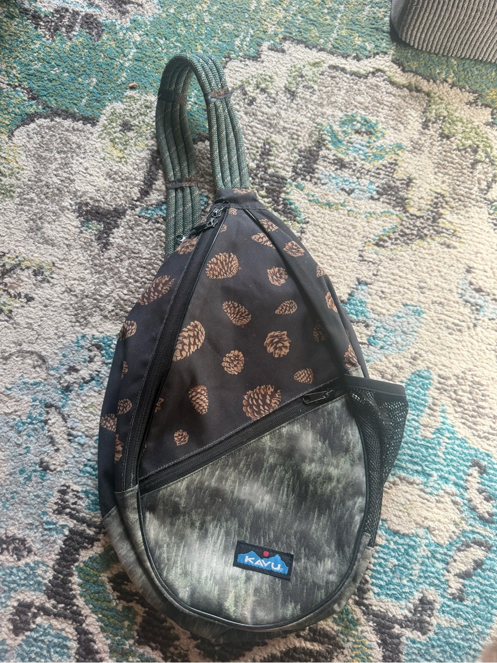 KAVU Rope Sling Bag Pinecone Forest Print Crossbody Backpack